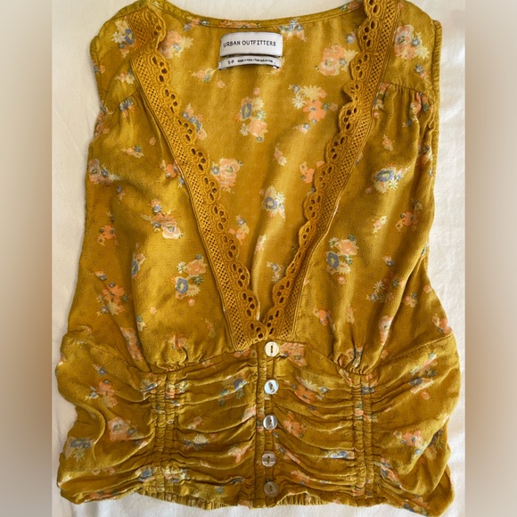 Urban Outfitters Yellow Floral Festival Flirty Button Down Halter Crop Top - Picture 5 of 8